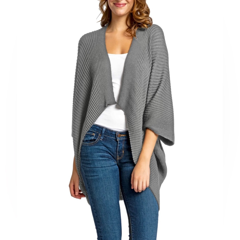 Women's Gray Open-Front Ribbed Knit Sweater
